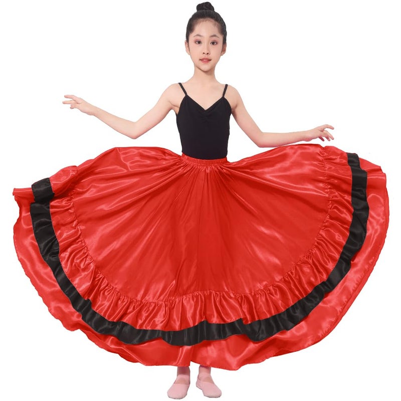Backgarden 26" Black Red Layers Satin Long Skirt for Spanish Flamenco Belly Dance Gypsy Folklorico Performance Halloween Costume - Image 1